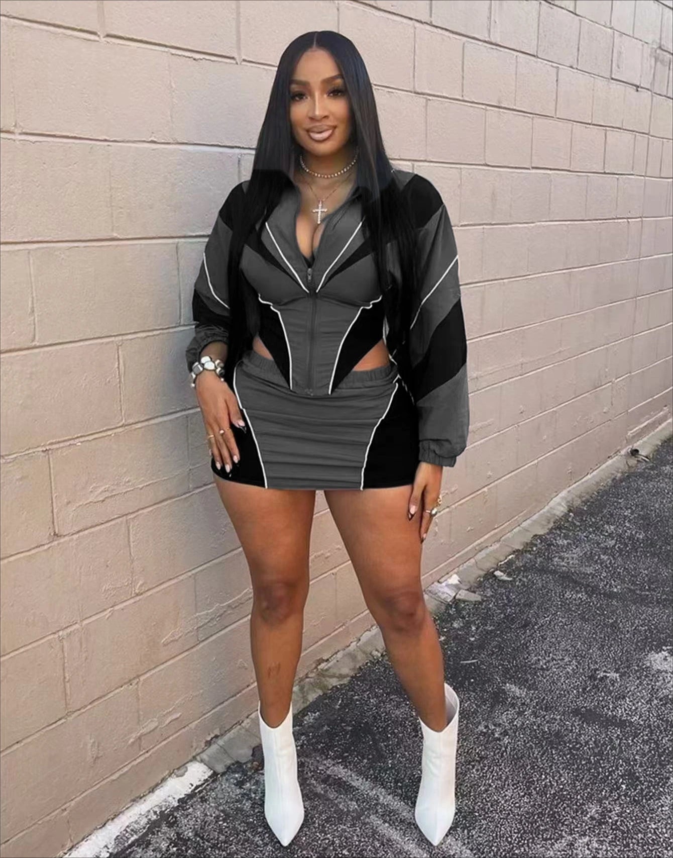 FLARORA Fashion Patchwork 2Pcs Sets Woman Long Sleeve Zipper Irregular Crop Jacket And Skinny Mini Skirts Streetwear Outfits New
