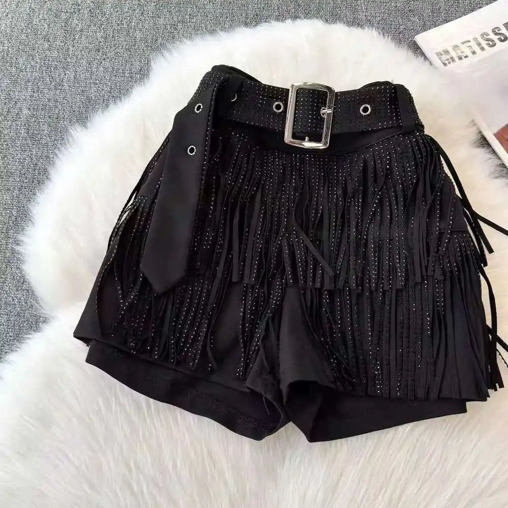 XFPV American Style Women's Shorts Summer Belt Gathered Waist Zipper Spliced Beading Tassel Shorts Female New Fashion 22D1803