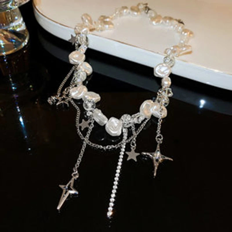Silver Color Hollow Star Choker Necklaces For Women Long Tassel Rhinestone Imitation Pearl Chain Necklaces Statements Jewelry