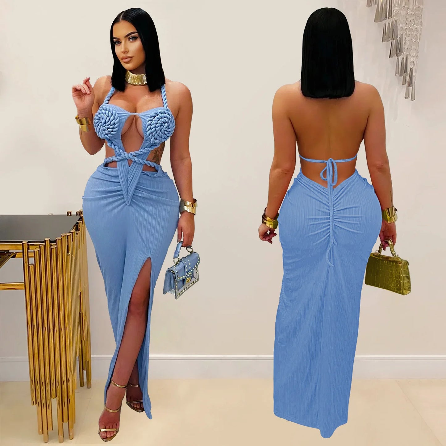 CM.YAYA Women Hemp Rope Halter Neck Stacked Ruched High Split Knit Bodycon Midi Maxi Long Dress 2025 Birthday Sexy Party Dresses