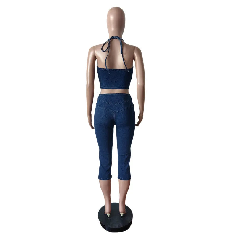 CM.YAYA Fashion ZIP Denim Women's Set sleeveless Crop Top and Calf Length Jeans Pants 2025 Two 2 Piece Sets Outfits Tracksuit