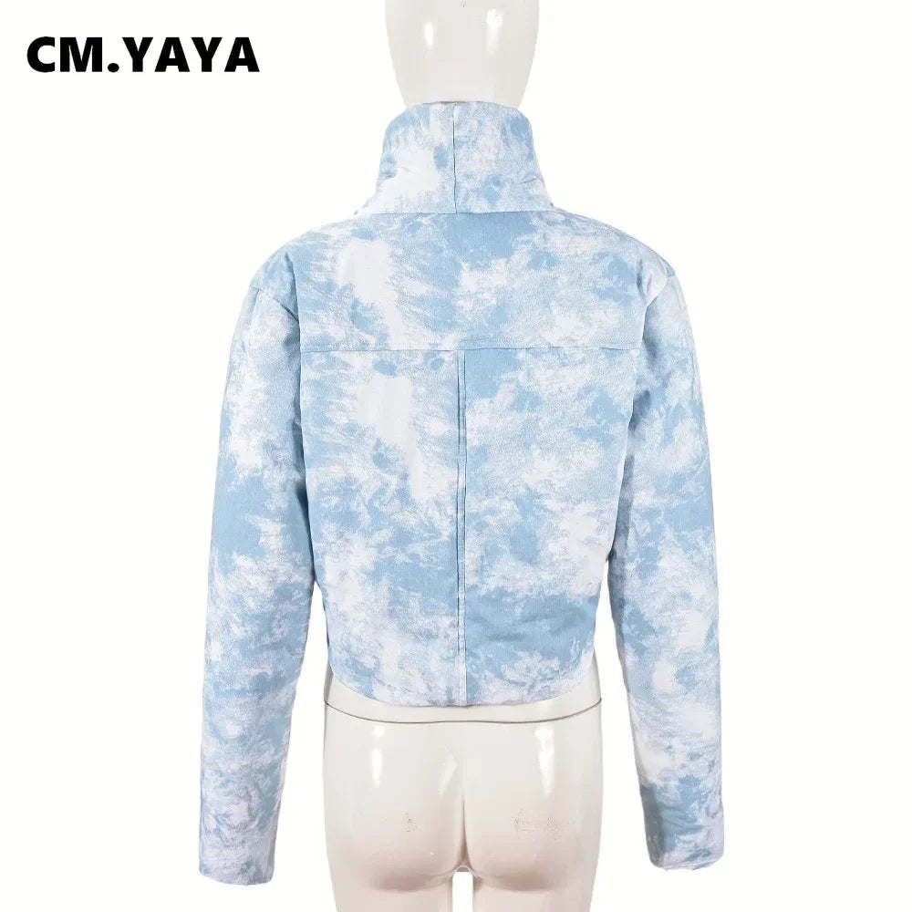 CM.YAYA Streetwear Women Tie Dye Print Long Sleeve Parkas Jacket Thick Warm 2024 Winter Autumn Outwear Coats