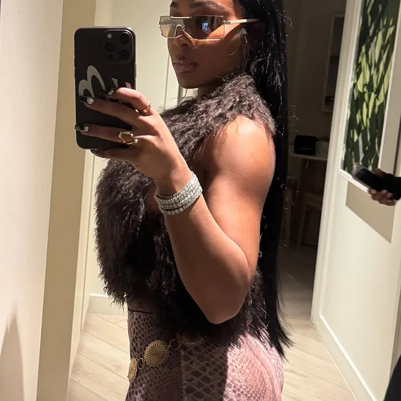 Joskaa Sexy Faux Fur Waistcoat Women Furry Backless Bandage Halter Crop Vests Coat 2025 Fashion Warm Outerwear Y2K Streetwear