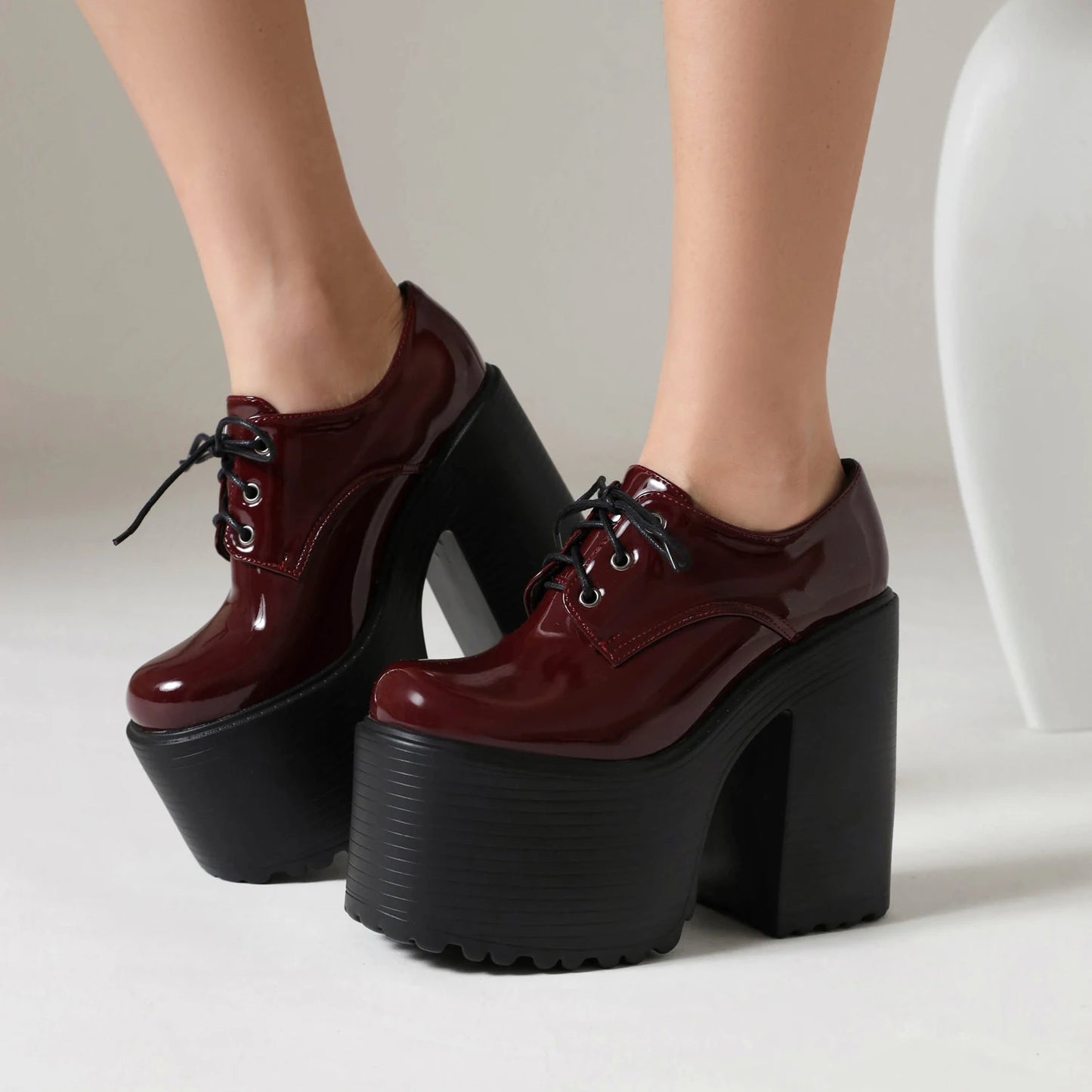 Ultra High Waterproof Platform Shiny Patent Leather Lace Up Women's Pumps Breathable Lining Thick Heels Punk Trendy High Heels