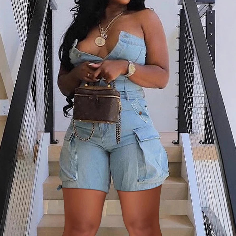 FAGADOER Fashion Cargo Pocket Patchwork Denim Romper Women Button Backless Sleeveless Jumpsuit Female Streetwear Overalls 2025