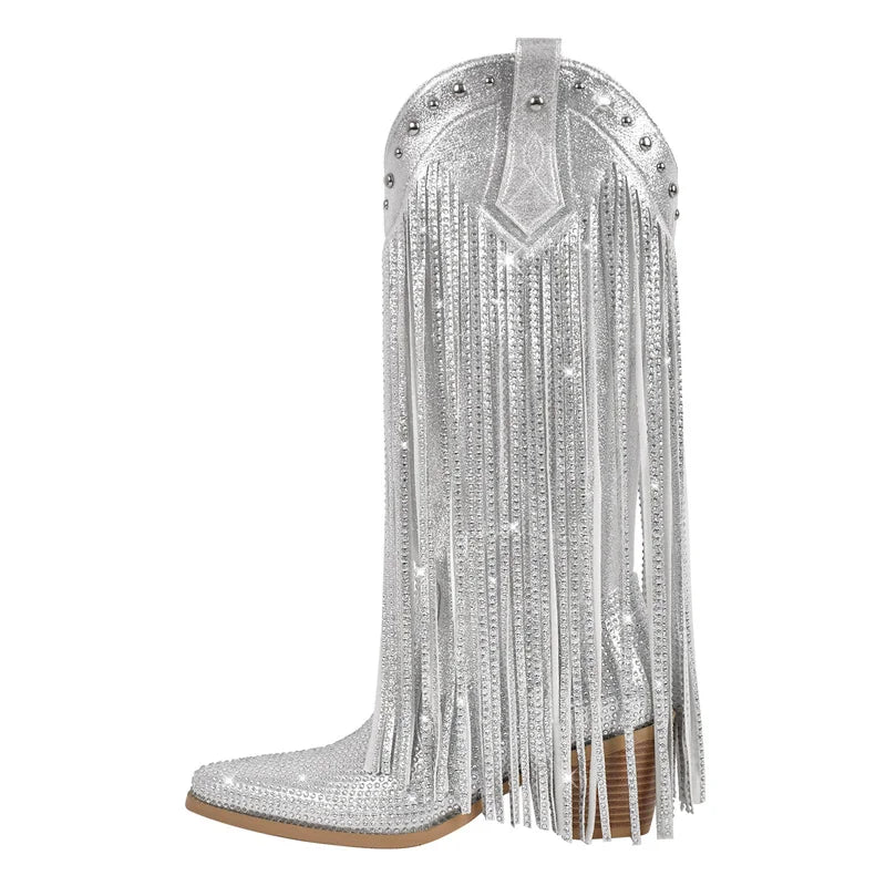 Onlymaker Women Sliver Rhinestone Fringe Knee High Western Boots Big Size Block Heel Pull-On Cowgirl Boots