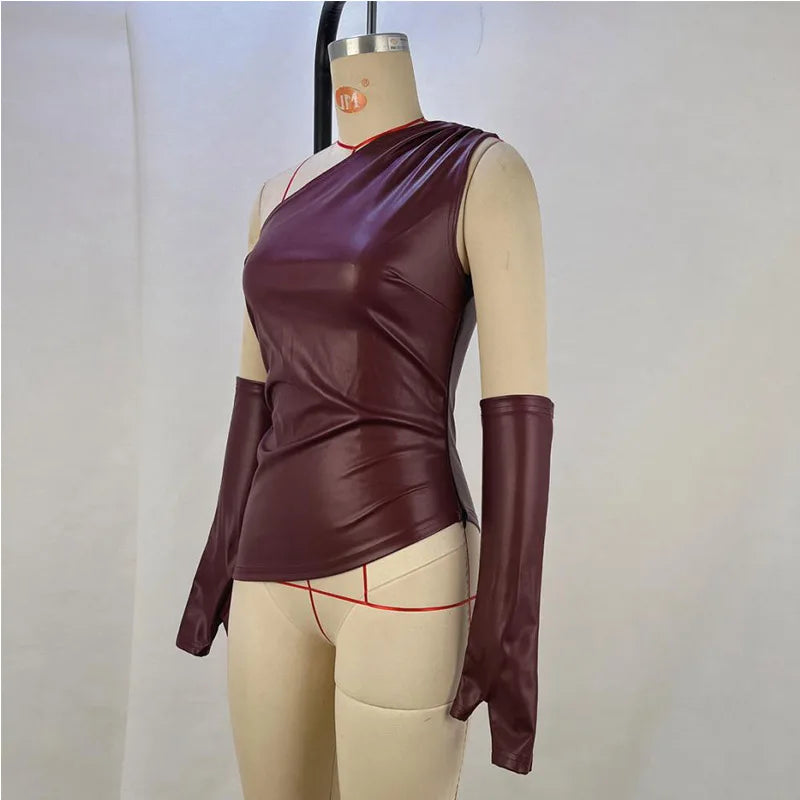 Sexy Shoulder waist Women's tops Leather vest with sleeves irregular hem vest women's clothing