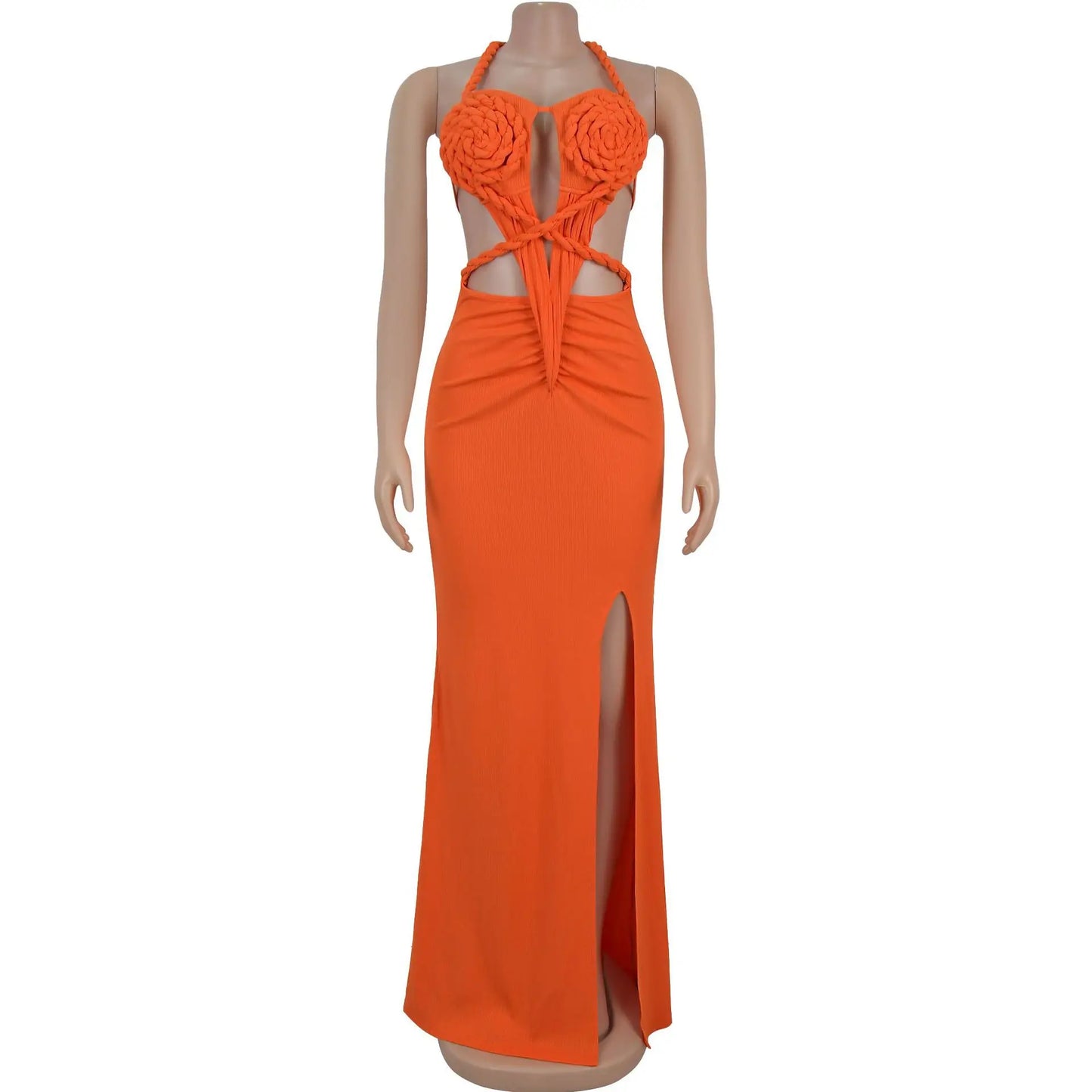 CM.YAYA Women Hemp Rope Halter Neck Stacked Ruched High Split Knit Bodycon Midi Maxi Long Dress 2025 Birthday Sexy Party Dresses