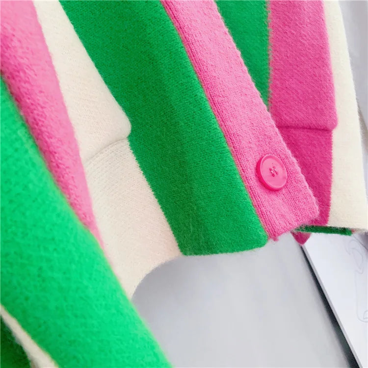 Joskaa Striped Patchwork Knitted Cardigan Women V-Neck Long Sleeve Single Breasted Sweater Coat Autumn 2023 Outwear Streetwear