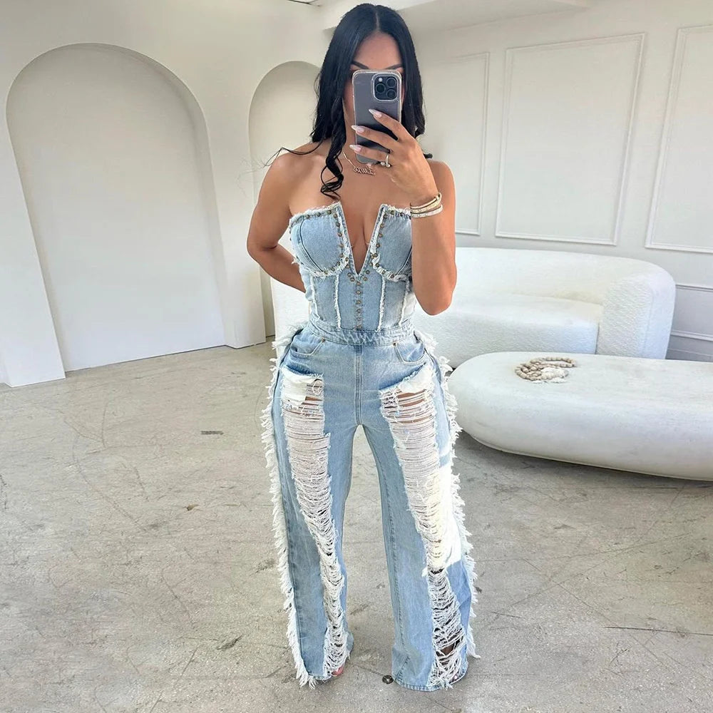 Sibybo Tassel Hollow Out Overalls For Women Studded Diamond Strapless Backless Jeans Street Fashion Trend Jumpsuite Femme