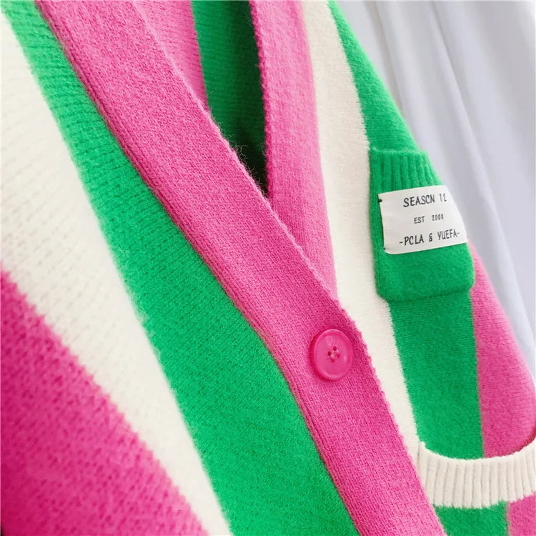 Joskaa Striped Patchwork Knitted Cardigan Women V-Neck Long Sleeve Single Breasted Sweater Coat Autumn 2023 Outwear Streetwear