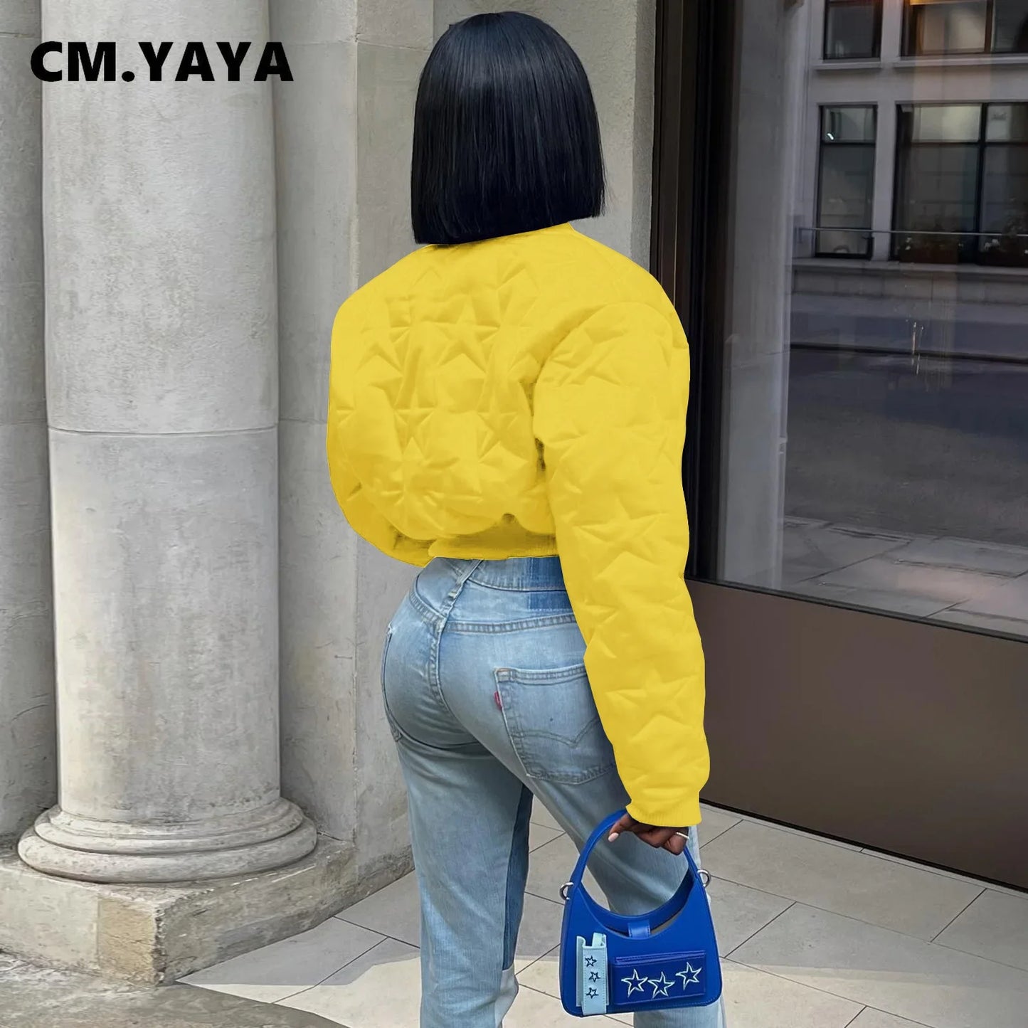 CM.YAYA Women Long Sleeve Star Zipper Fly Baseball Style Parkas Jackets 2023 Autumn Winter Keep Warm Outcoats Jacket