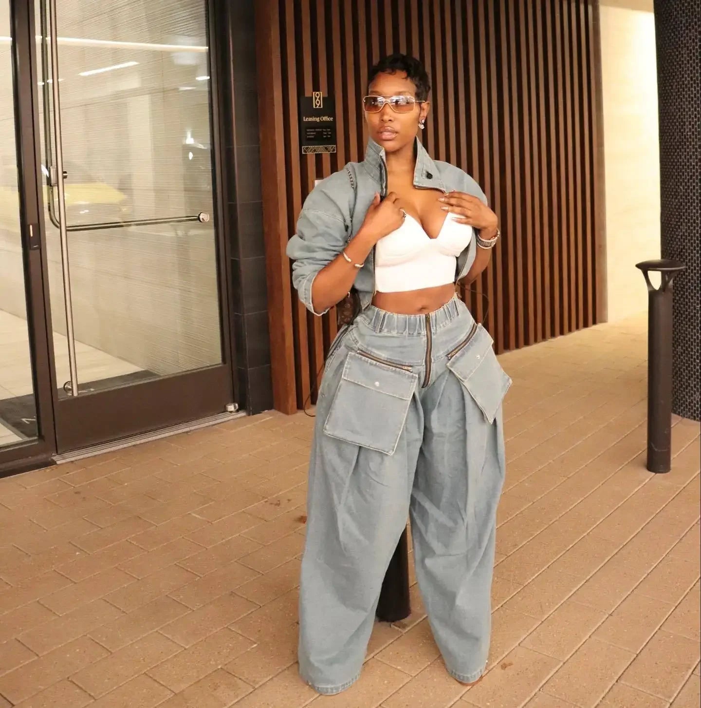 Denim Two Piece Sets Women Coat Jacket Wide Leg Pants Jeans Suits Matching Sets Trousers Outfits 2025 Y2k Streetwear Party