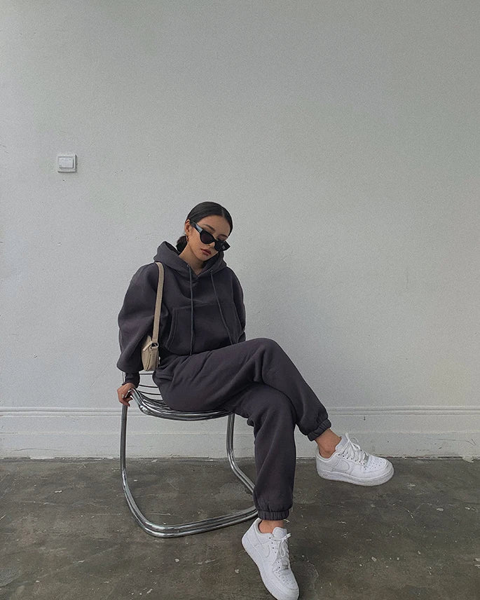 Casual New Fashion Hoodies Suit Women Winter Spring Solid Tracksuit Two Pieces Set Sports Pullover Sweatpants Sweatshirt Mujer