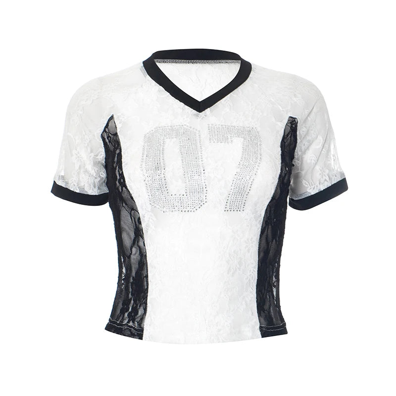 CUTENOVA 2025 Spring And Summer New Letters V Neck Rhinestone American Lace Color Collision Patchwork Top T-Shirt Streetwear