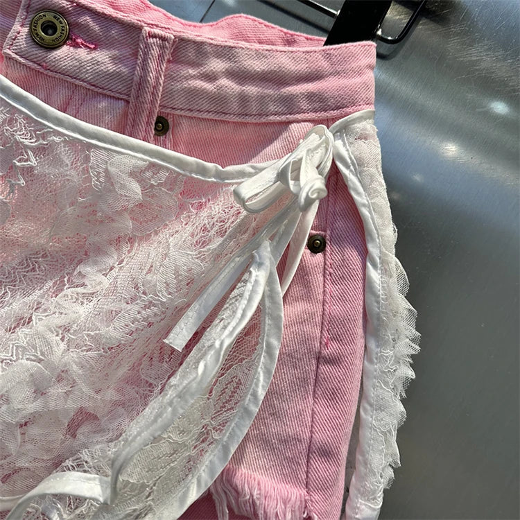 Ruffle Leaf Edge Irregular Curtain Skirt Sweet A Line Skirt Lace Splicing Denim Shorts Street Hipster Denim Shorts Women