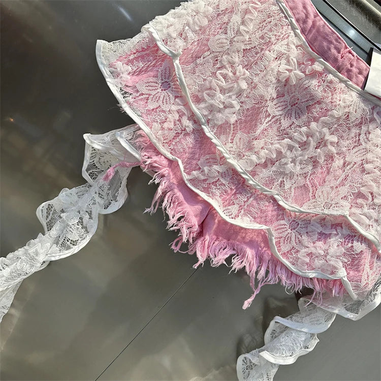 Ruffle Leaf Edge Irregular Curtain Skirt Sweet A Line Skirt Lace Splicing Denim Shorts Street Hipster Denim Shorts Women
