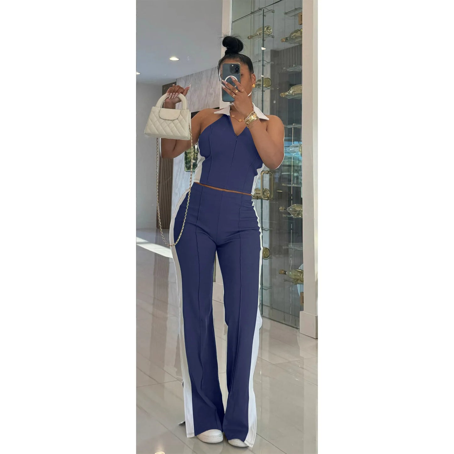 CM.YAYA Sporty Patchwork Women's Set Sleeveless Polo-tank Tops and Slit Flare Pants 2025 Active Two 2 Piece Set Outfit Tracksuit