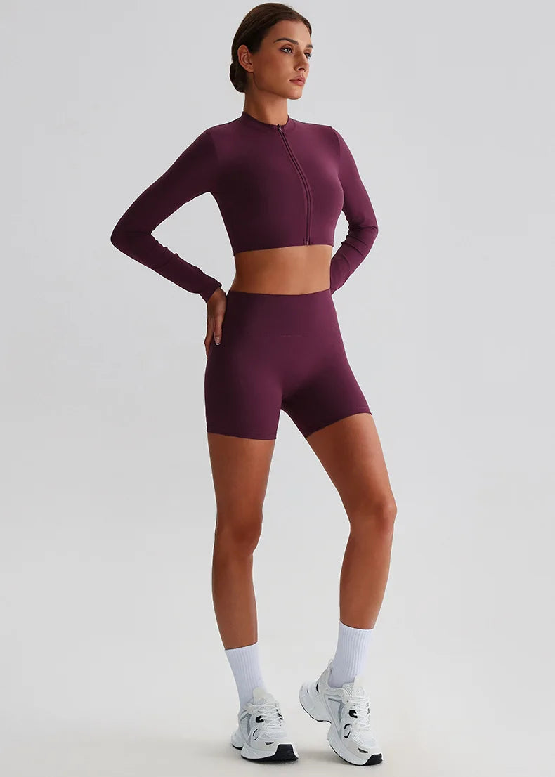Customized LOGO Women's Skin-friendly Sports Yoga Clothing Slim Elastic Jacket Fitness Shorts Long Sleeve Two-piece Set