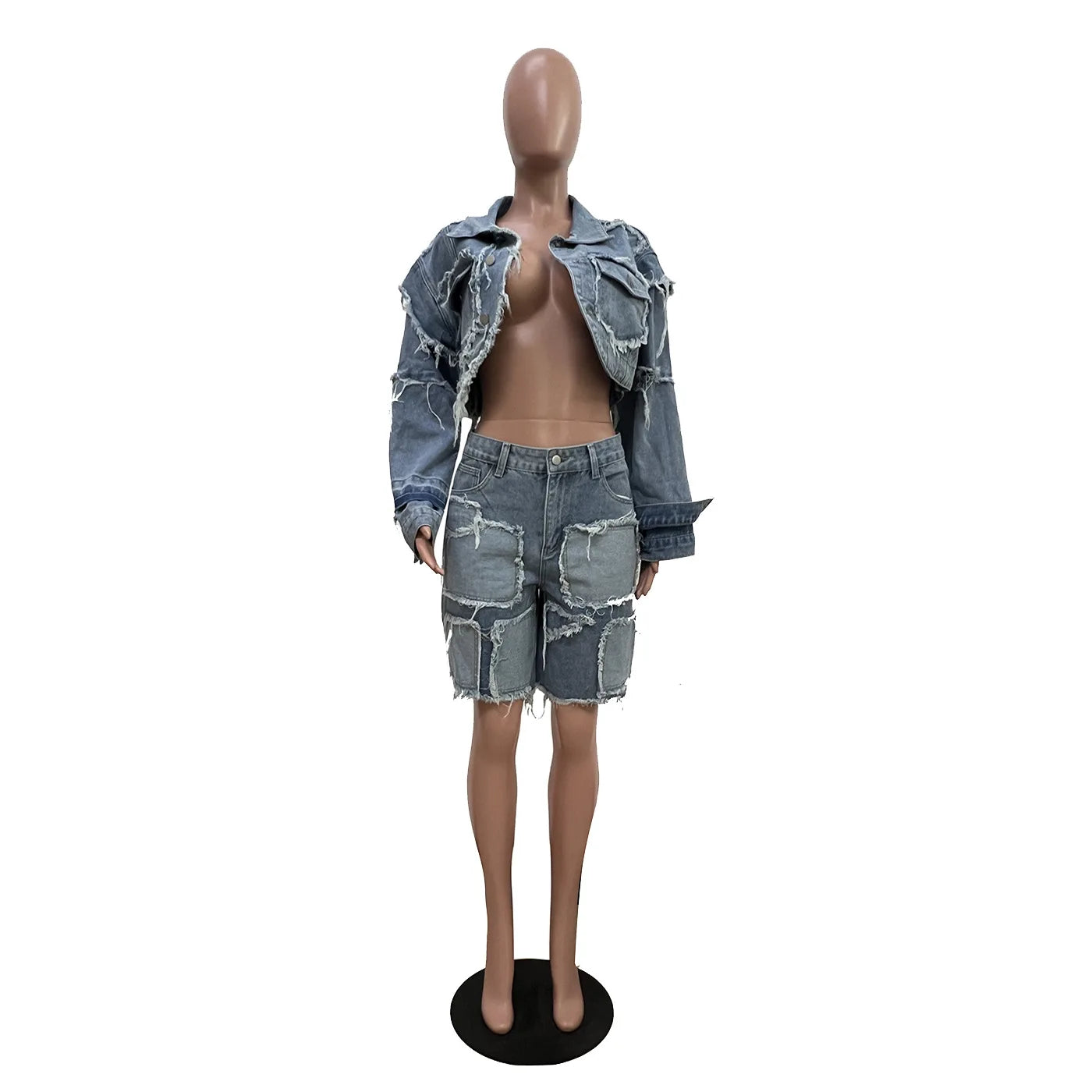 FAGADOER Summer New Fashion Denim 2 Piece Sets Woman Outfit Long Sleeves Patchwork Crop Jacket + Short Female Streetwear New