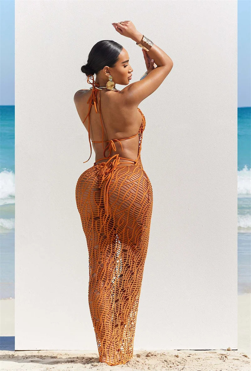 Women 3 Pieces Sexy Beach Bikini Set Backless Hollow Out Hole Knit Long Dress Cover Up+Lace Up Halter Bra Top+Underwear Swimsuit