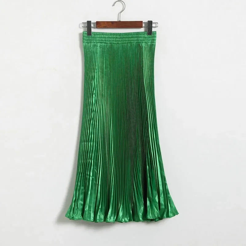 Women's Fashion Pleated Mermaid Long Skirt Korean Style Casual High Waist Satin Flowy Skirts Shiny 19 Colors 2024 Spring SK500