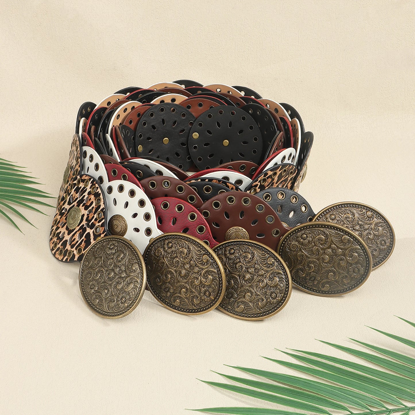 New rivet round piece ethnic style belt for women vintage with skirt pants waist cover Boho style patchwork belt
