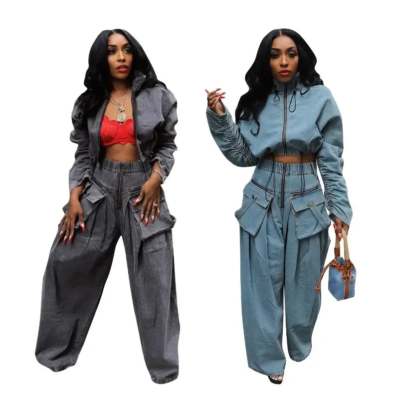 Casual Loose Denim Two Piece Set for Women Streetwear 2023 Autumn Zipper High Collar Crop Top Elastic Waist Wide Leg Cargo Pants