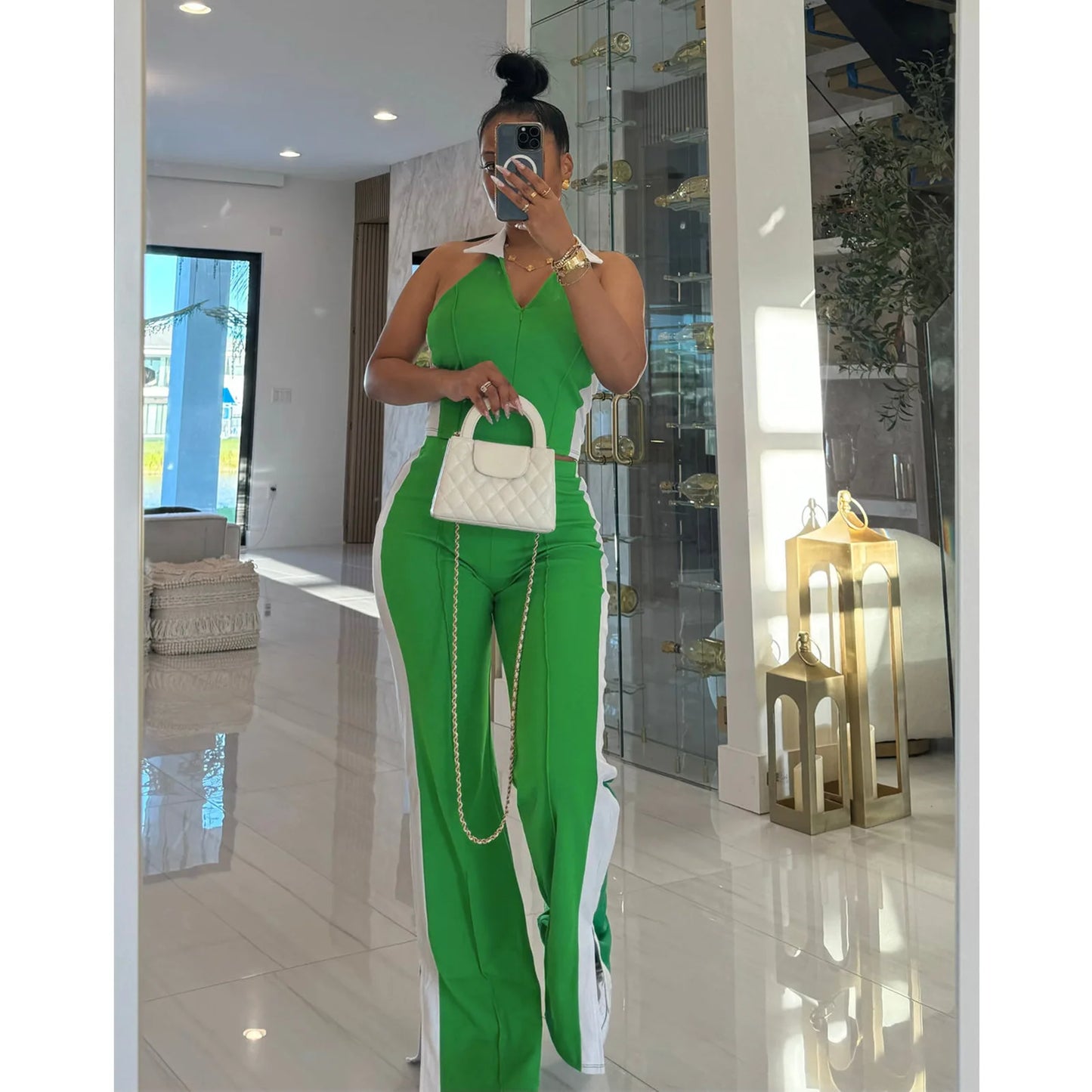 CM.YAYA Sporty Patchwork Women's Set Sleeveless Polo-tank Tops and Slit Flare Pants 2025 Active Two 2 Piece Set Outfit Tracksuit