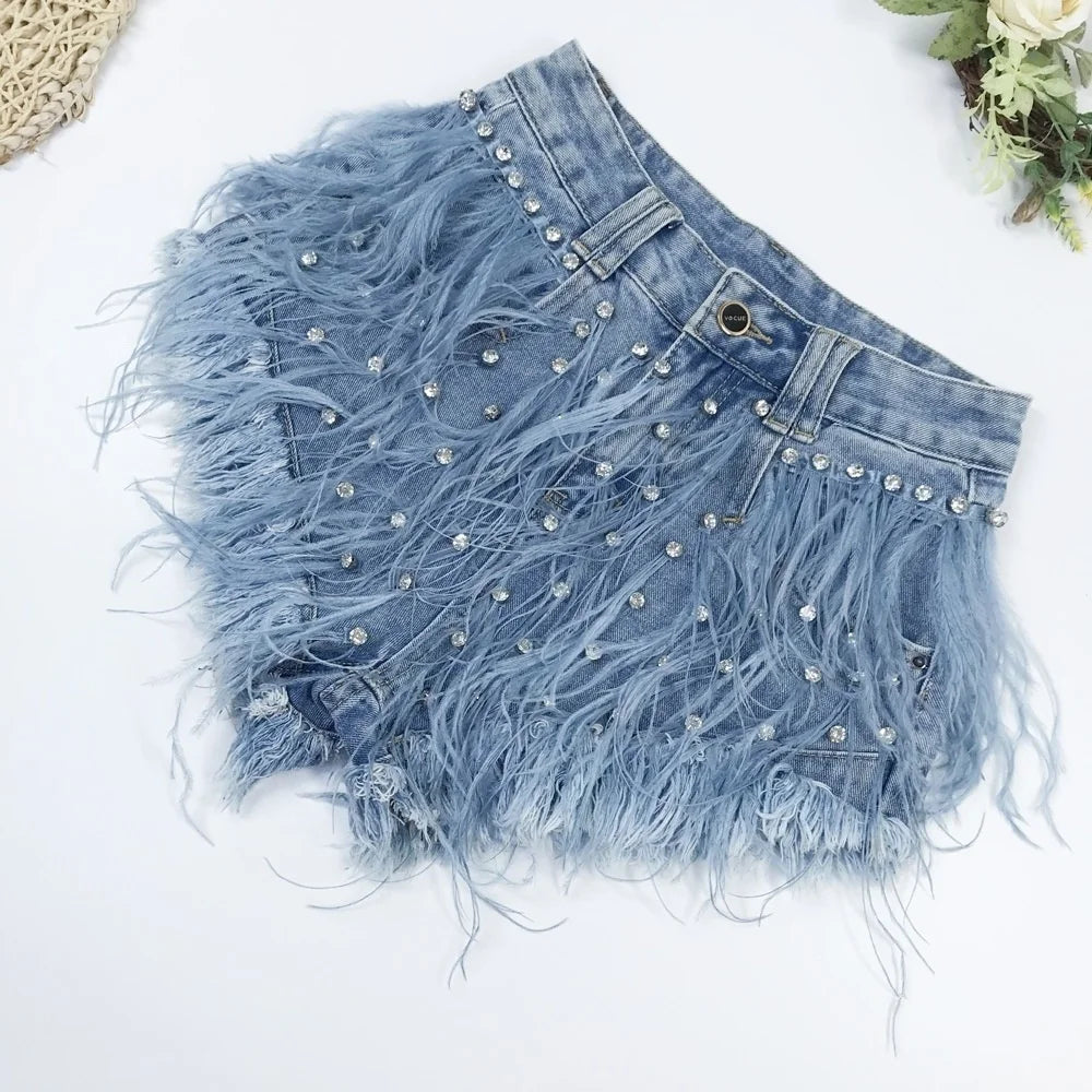Rhinestone Beaded Exquisite Feather High Waist Denim for Women's Blue Jeans Shorts DS Nightclub Sexy Hot Pants Fashion