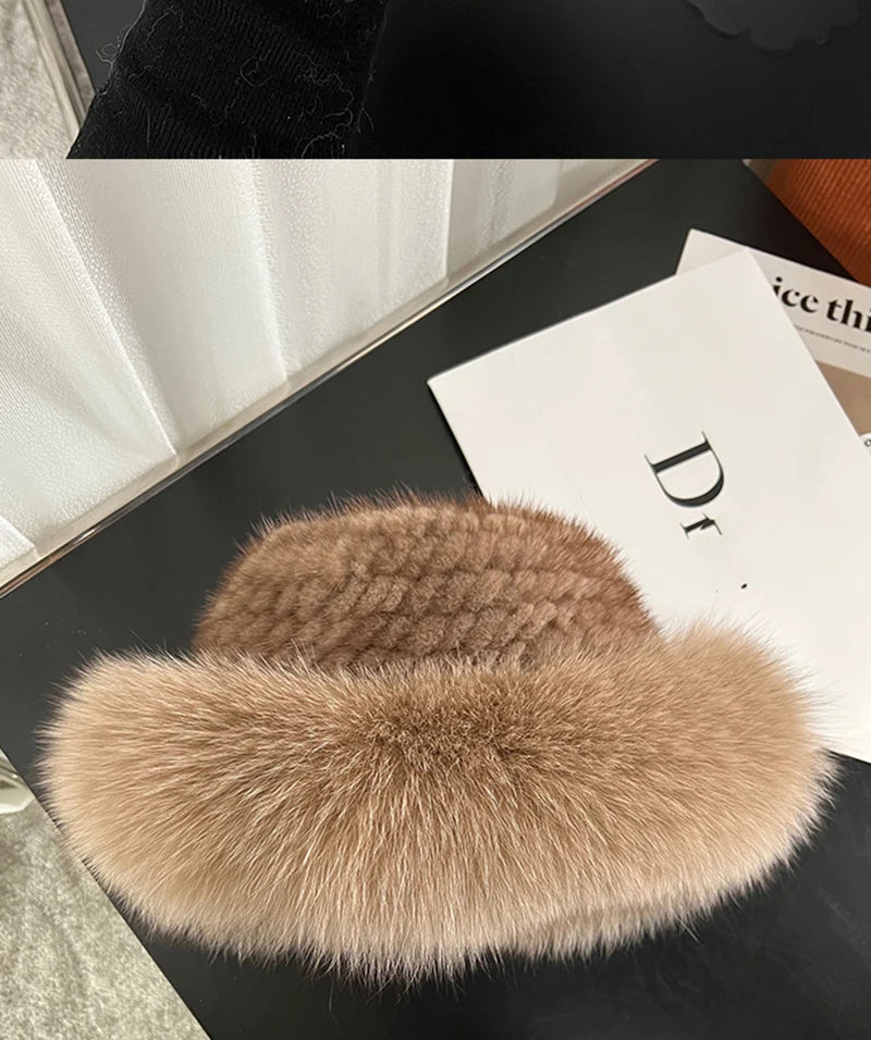 New Genuine Real Natural Knitted Mink Fur Hat Cap Luxury Women Handmade Knit Fashion Winter Headwear Warm Real Fox Fur Beanies