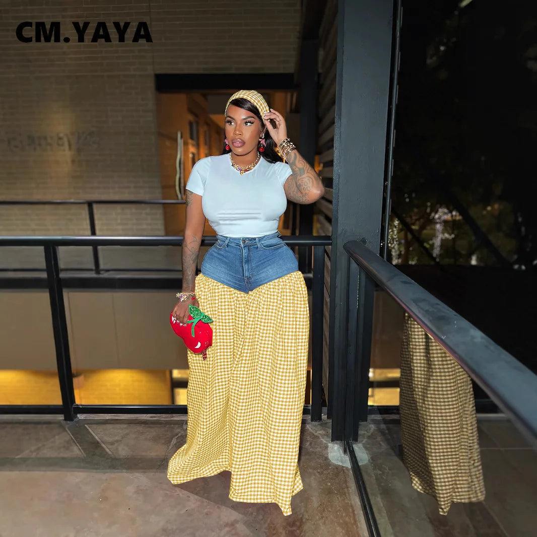 CM.YAYA Fashion Women Plaid Denim Patchwork Loose Wide Leg Jogger Pants 2025 Streetwear Active Hip Hop Sweatpants Trousers