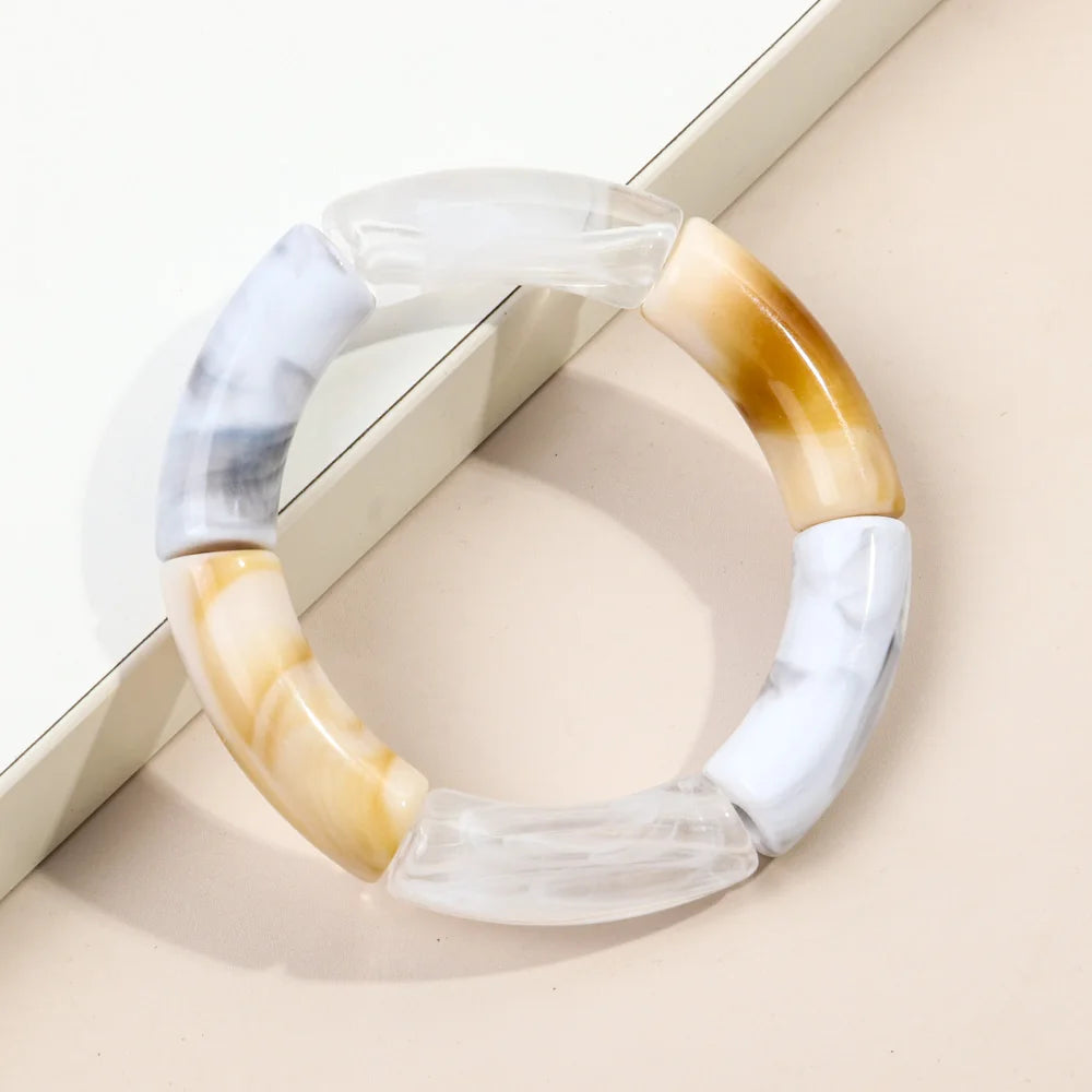 FishSheep Trendy Acrylic Stacked Bamboo Beads Bangles Bracelets for Women Bohemian Resin Elastic Beaded Bracelets Set Jewelry