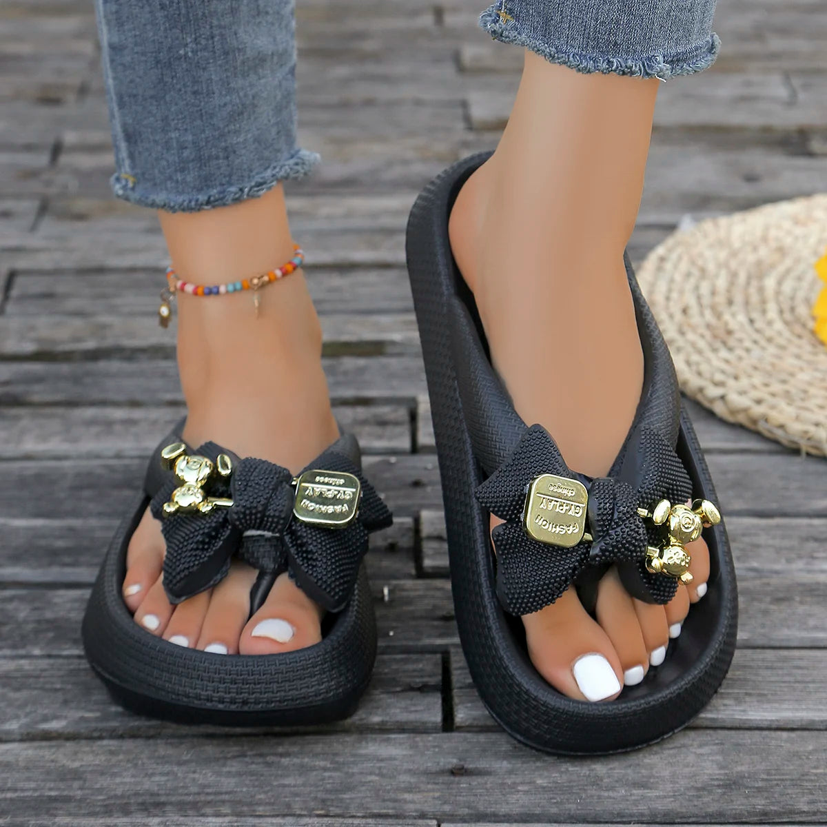Summer Women Multi-Color Flip Flops Fashion Metallic Teddy Bear Bow Slide Sandal Beach Vacation Home shower Versatile Footwear