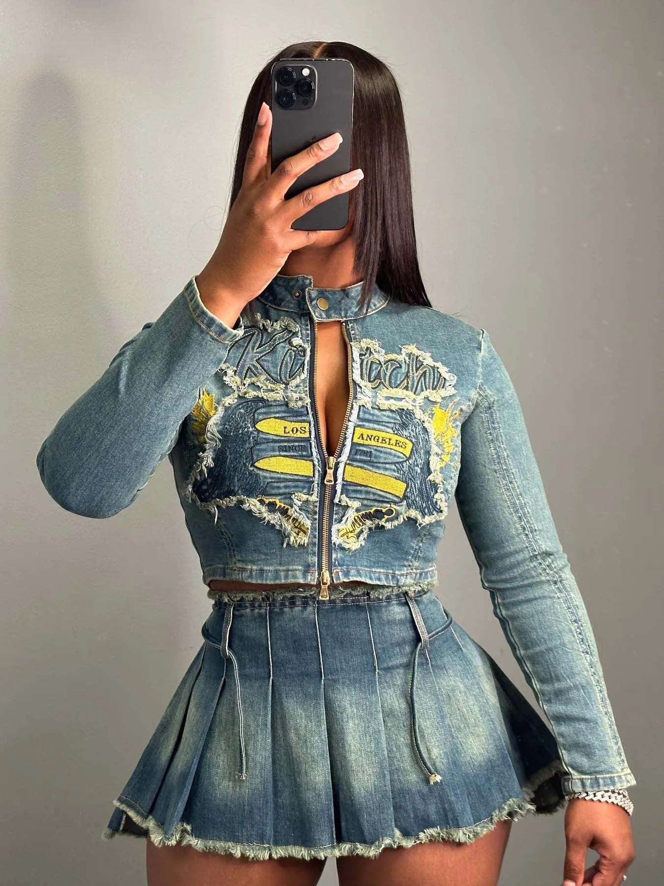 CM.YAYA Denim Women's Set Letter Embroidery Full Sleeve Jacket and Pleated Skirts Suits Streetwear Sexy Two 2 Piece Set Outfits