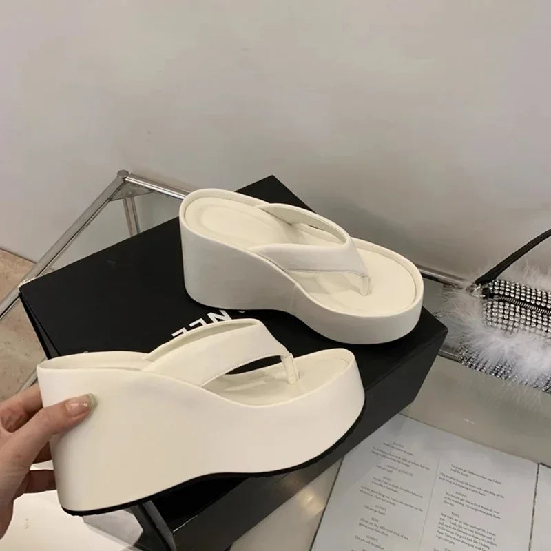 Design Summer Chunky Woman Slippers Fashion Platform Wedges High Heel Silvery Ladies Shoes Zapatillas De Mujer