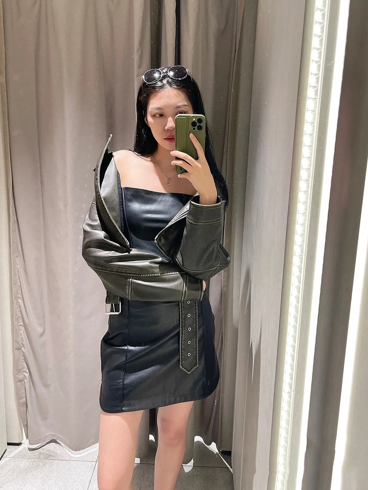 RARF Women's new vintage wash to do old short lapel long sleeve loose pu imitation leather jacket coat