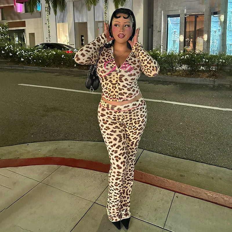 FAGADOER Sexy Leopard Print 2 Piece Sets Women Outfit Long Sleeve Zipper Hooded Crop Jacket + Flare Pants Suits Female Clothing