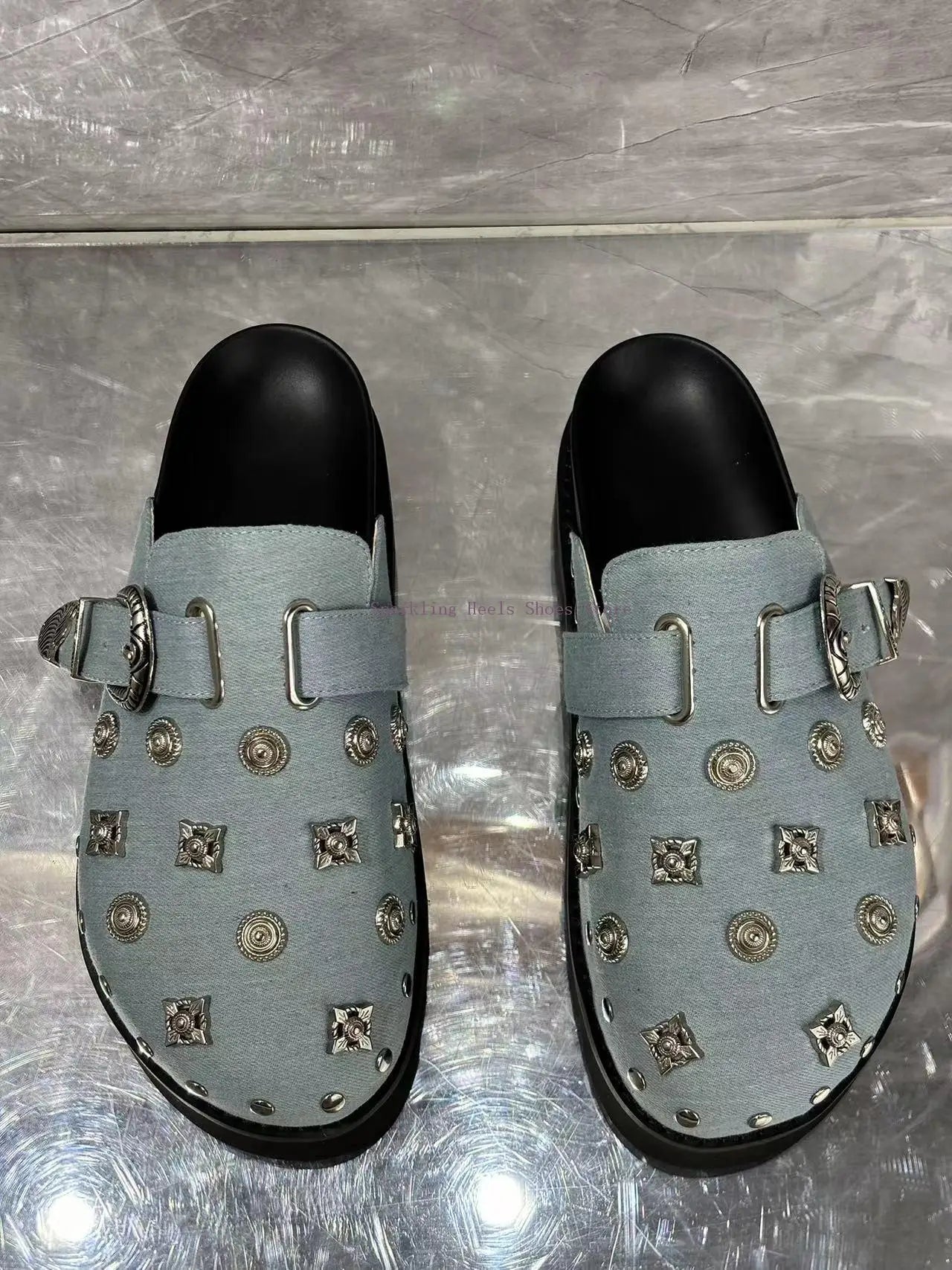 High Quality Woman Rivet Slipper Shoes Comfortable Slip On Round Toe Female Blue Leather Buckle Decoration Mules Shoes