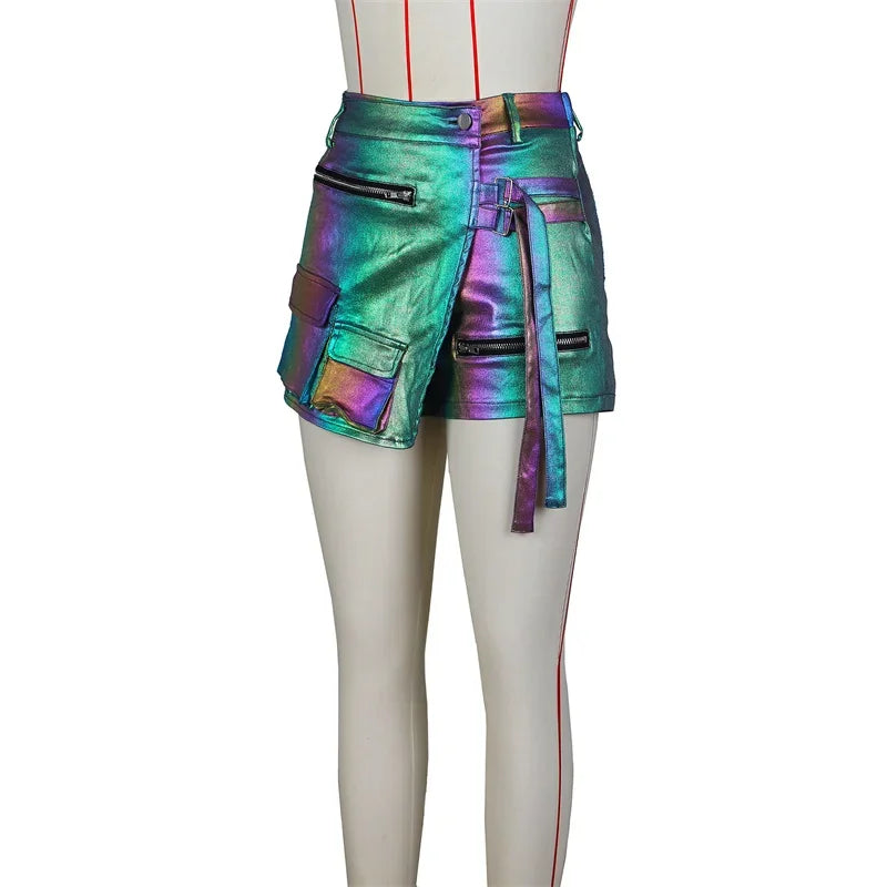 Shiny Metallic Irregular Shorts Skirts Women Y2K Clothing High Waist Button Fly Pockets Party Club Birthday Pantalones Cortos