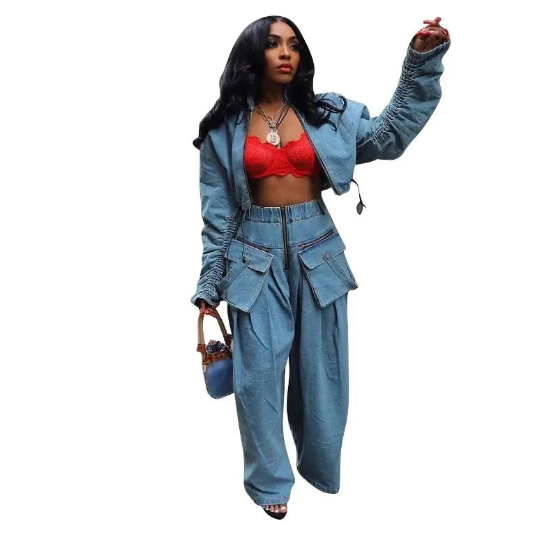 Casual Loose Denim Two Piece Set for Women Streetwear 2023 Autumn Zipper High Collar Crop Top Elastic Waist Wide Leg Cargo Pants