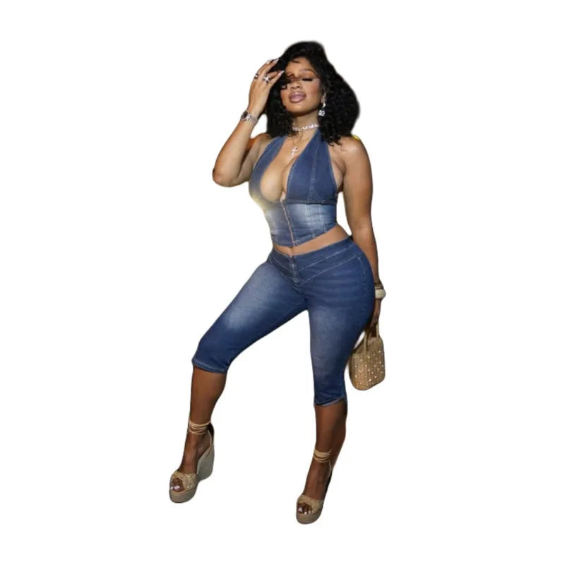CM.YAYA Fashion ZIP Denim Women's Set sleeveless Crop Top and Calf Length Jeans Pants 2025 Two 2 Piece Sets Outfits Tracksuit