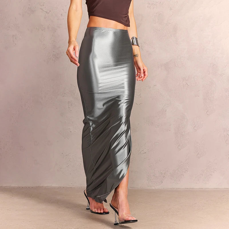 CUTENOVA Stain Long Solid Color Skirt Elegant High Waist Side Split Maxi Skirts Party Sexy Clothes for Women Autumn 2024