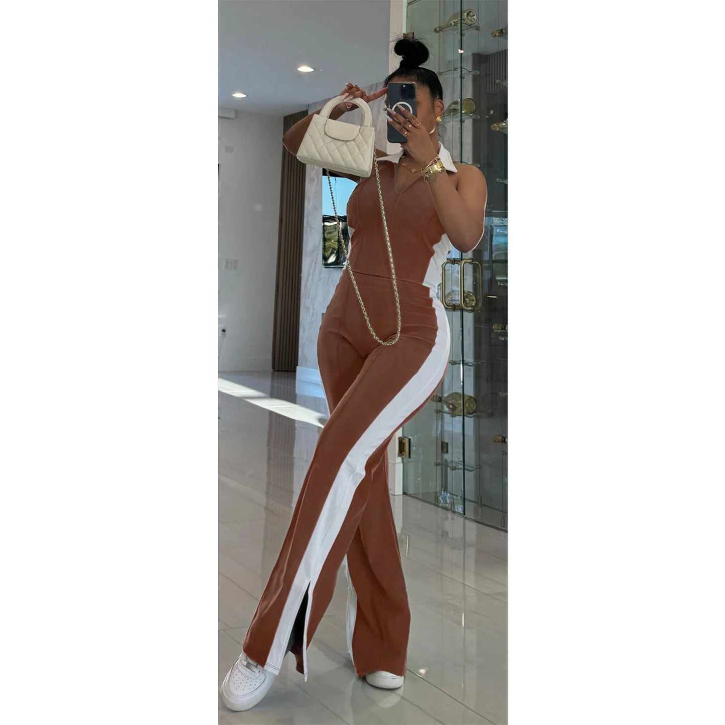 CM.YAYA Sporty Patchwork Women's Set Sleeveless Polo-tank Tops and Slit Flare Pants 2025 Active Two 2 Piece Set Outfit Tracksuit