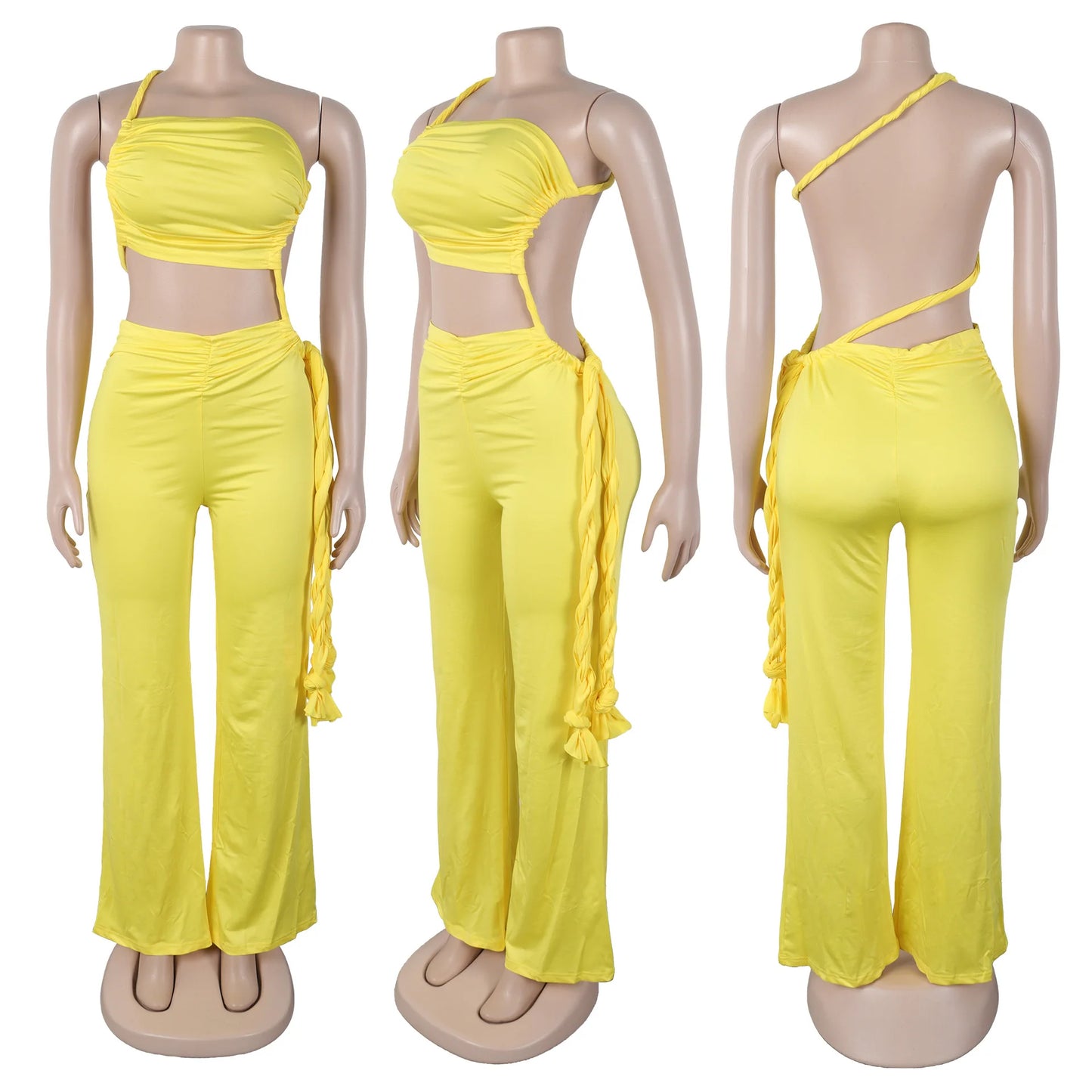 FAGADOER Sexy Ruched Patchwork Bodycon Jumpsuits for Woman Halter Sleeveless Wide-leg Romper Female Streetwear Overalls 2025 New