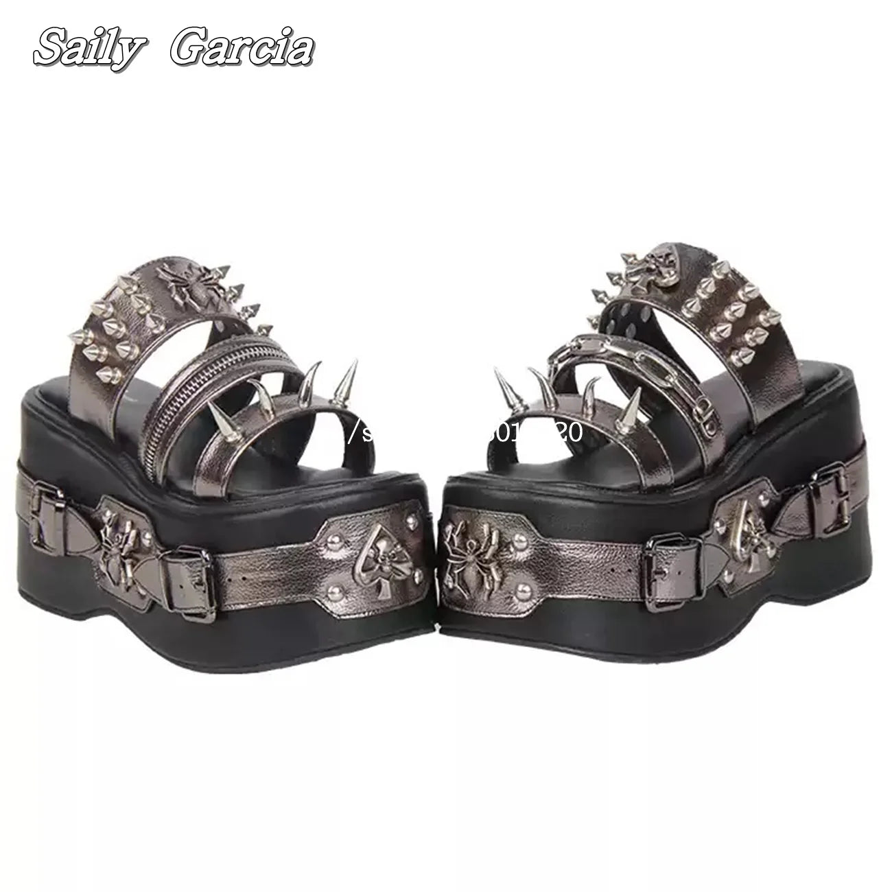 Punk Style Metal Rivet Thick Sole 10CM Heel Slippers Open Toe Size 34-47 Original Customization Y2K Slides Silver Hollow Sandals