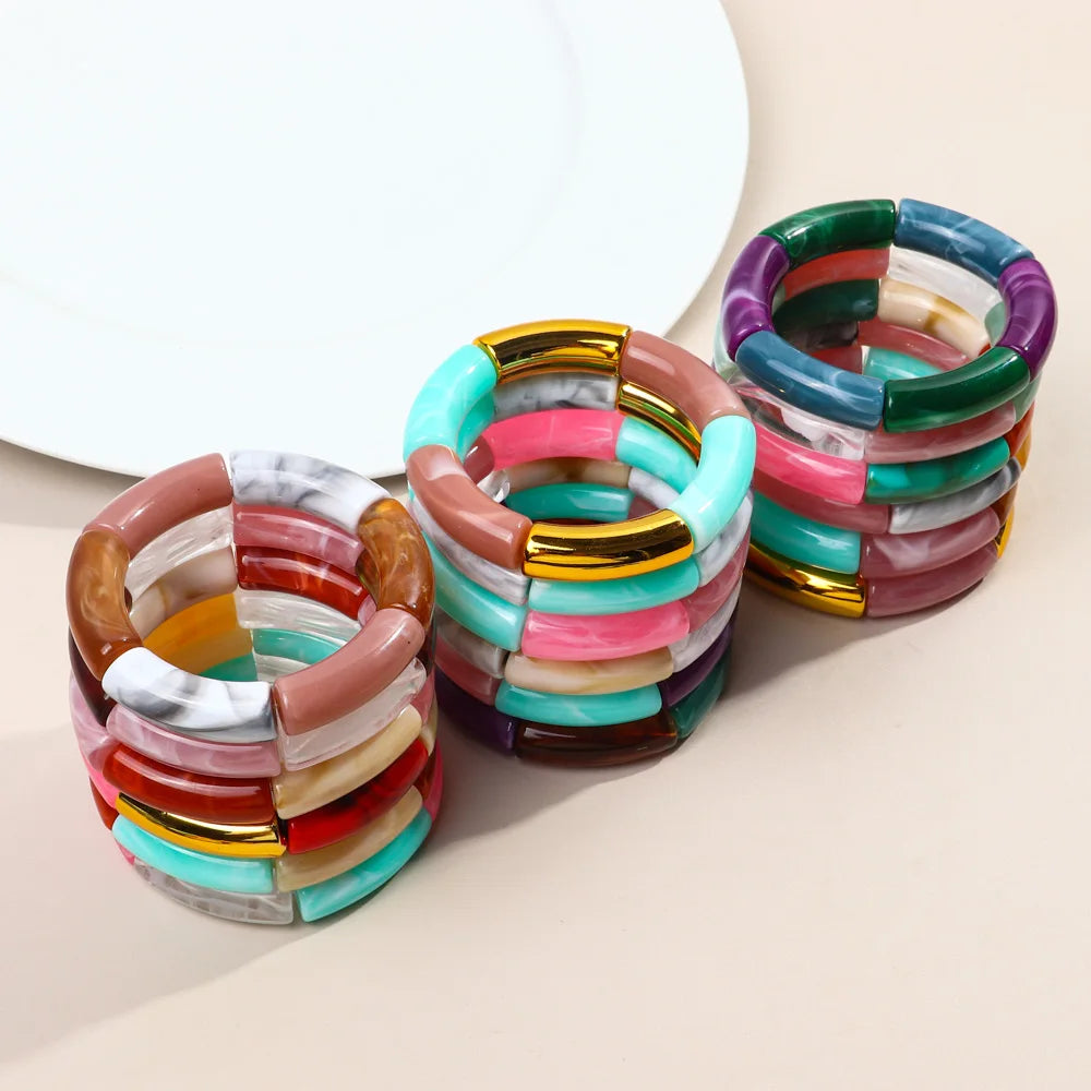 FishSheep Trendy Acrylic Stacked Bamboo Beads Bangles Bracelets for Women Bohemian Resin Elastic Beaded Bracelets Set Jewelry