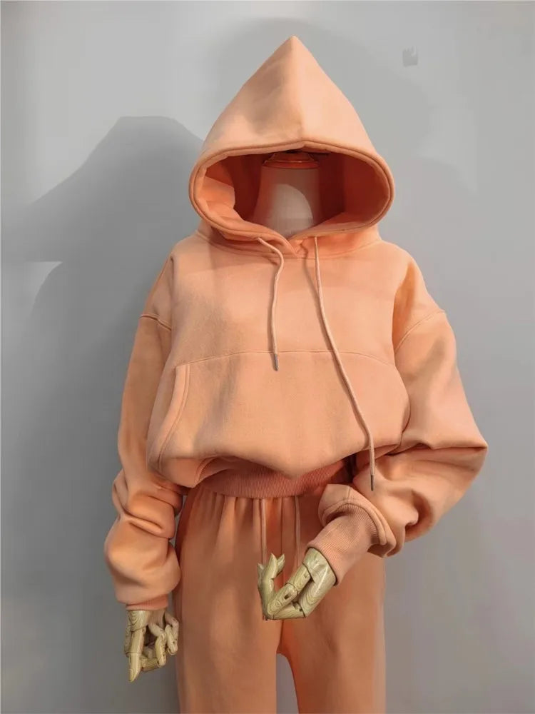 Casual New Fashion Hoodies Suit Women Winter Spring Solid Tracksuit Two Pieces Set Sports Pullover Sweatpants Sweatshirt Mujer