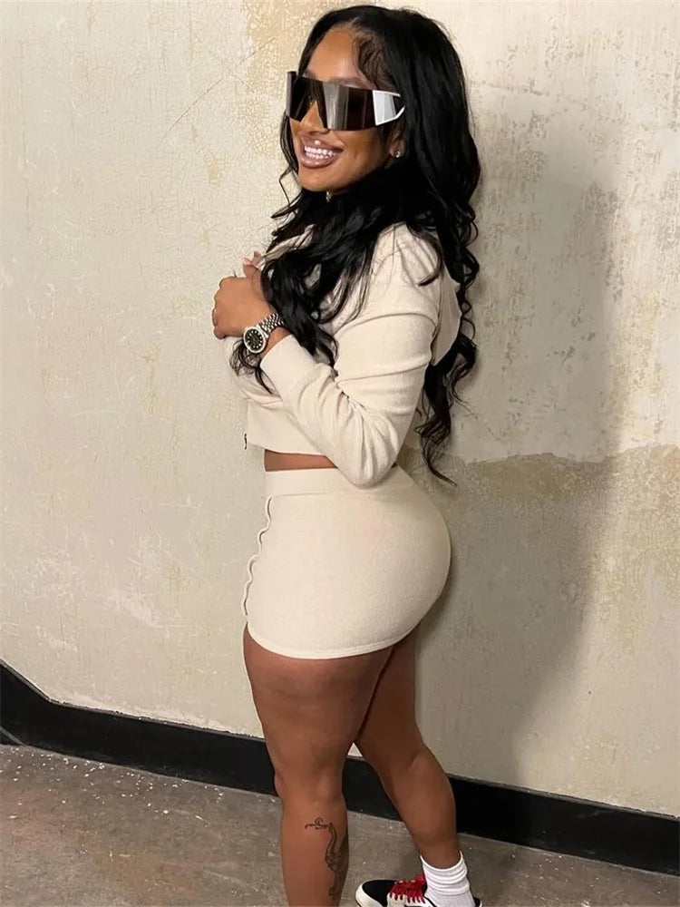 HLJ Spring New Casual 2 Piece Sets Woman Outfit Solid Zip Drawstring Crop Jacket and Bodycon Skirts Female Streetwear Clothing