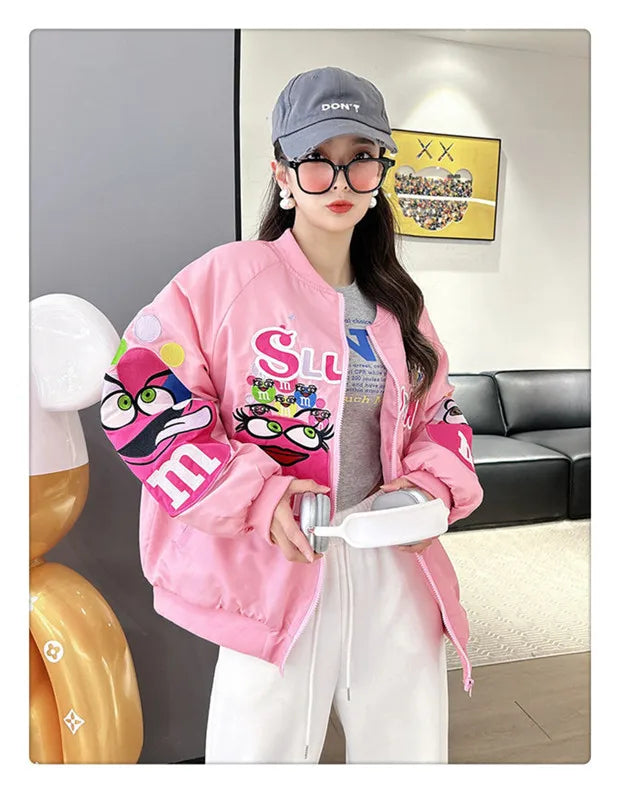 Cross-border Cartoon Embroidery Baseball Jacket For Men Women Casual Loose Fit Hip Hop Top Spring Autumn Letter Couple Jacket